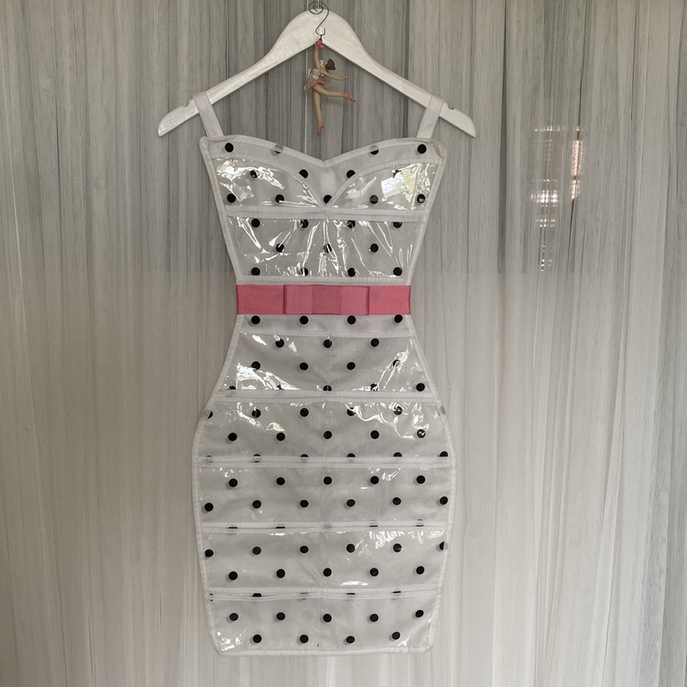 Jewelry Organizer Shape as a Dress White Black Polka Dots Pink Grosgrain Ribbon